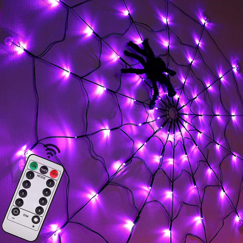 Halloween Spider Web Lights 4FT Diameter 70 LED with Black Spider, Waterproof Purple Net Lights, Remote Control, 8 Modes Cobweb Halloween Decorations for House Garden Indoor Outdoor Scary Theme