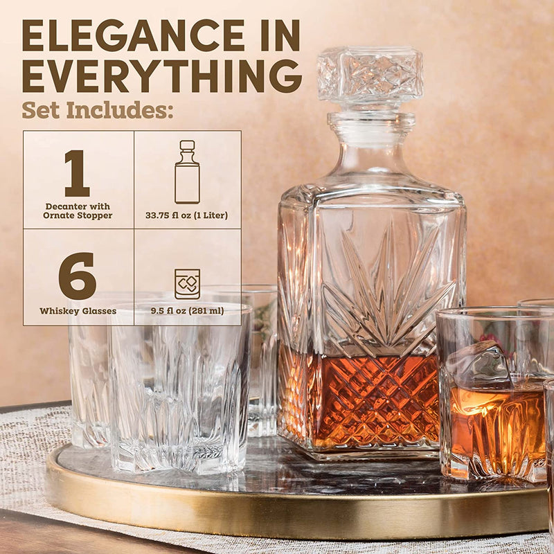 Paksh Novelty 7-Piece Italian Crafted Glass Decanter & Whisky Glasses Set, Elegant Whiskey Decanter with Ornate Stopper and 6 Exquisite Cocktail Glasses Home & Garden > Kitchen & Dining > Barware Paksh Novelty   