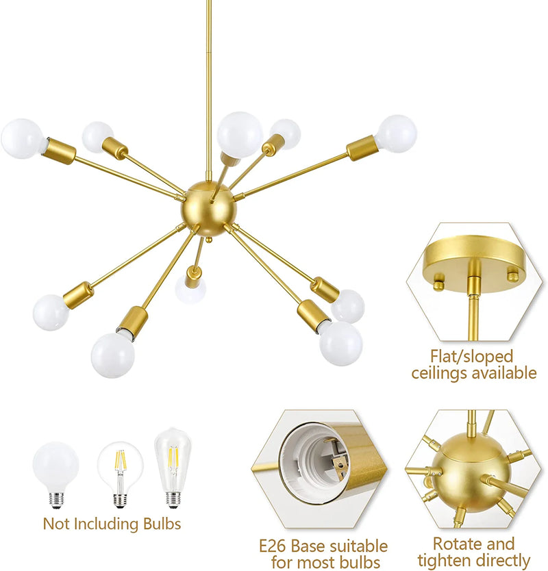 Sputnik Chandeliers 10-Light Ceiling Light Fixture - Yarra-Decor Modern Industrial Vintage Hanging Lights, Pendant Lighting for Dining Room, Bedroom, Kitchen, Office, Adjustable Height (Gold)