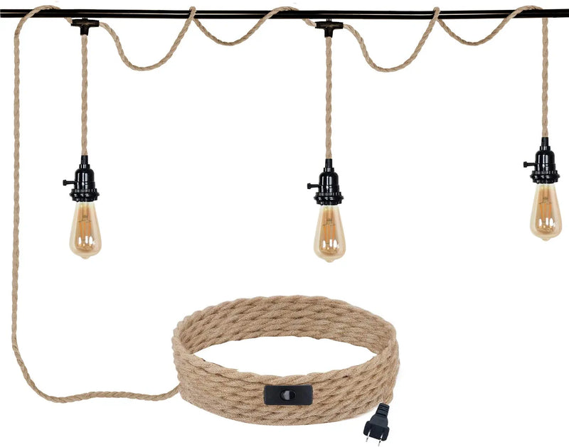 ALAISLYC Triple Plug in Pendant Lights with Cord Hanging Lamp Kit with Switch 22 Ft Long Hemp Rope Farmhouse Pndant Light Cord Lighting Fixture Kits DIY Hanging Light