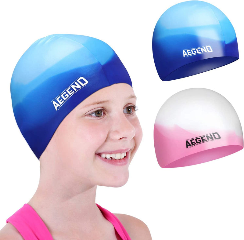 Aegend 2 Pack Kids Swim Cap for Age 4-12, Durable Silicone Swimming Cap for Boys Girls Youths, Comfortable Fit for Long/Short Hair, 3 Colors