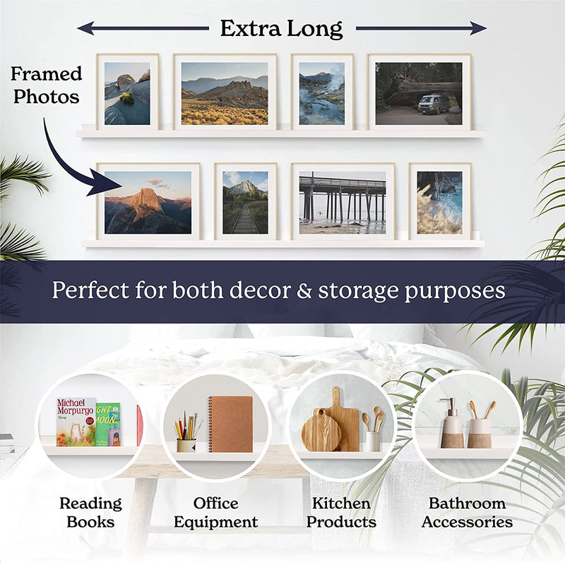 Picture Ledge Shelf for Wall [White, 60 Inch, 2 Pack] Narrow Floating Photo and Picture Shelves. Wooden Displaying Shelf with Lip for Nursery, Bedroom, Figures, Toys, Action Figure, Makeup, Jewellery Furniture > Shelving > Wall Shelves & Ledges Kraftex   