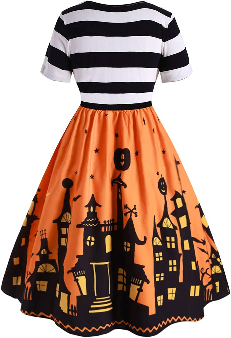 ZEZCLO Women'S plus Size Halloween Dress Funny Striped Pumpkin Halloween Costume Flared Dresses  ZEZCLO   