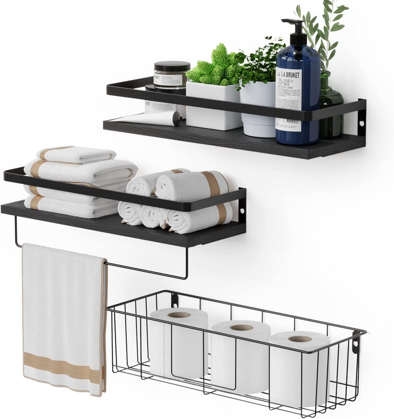 Floating Shelves with Toilet Paper Basket Set by RICHER HOUSE, Rustic Wall Shelves with Removable Towel Bar, Farmhouse Floating Bathroom Shelves for Kitchen and Bedroom - Rustic Brown Home & Garden > Household Supplies > Storage & Organization RICHER HOUSE Black  