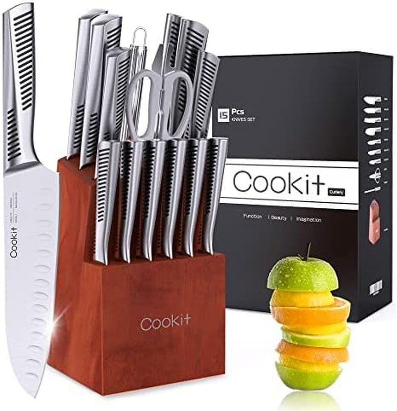 Kitchen Knife Sets, Cookit 15 Piece Knife Sets with Block for Kitchen Chef Knife Stainless Steel Knives Set Serrated Steak Knives with Manual Sharpener Knife Home & Garden > Kitchen & Dining > Kitchen Tools & Utensils > Kitchen Knives Cookit Stainless steel handle  