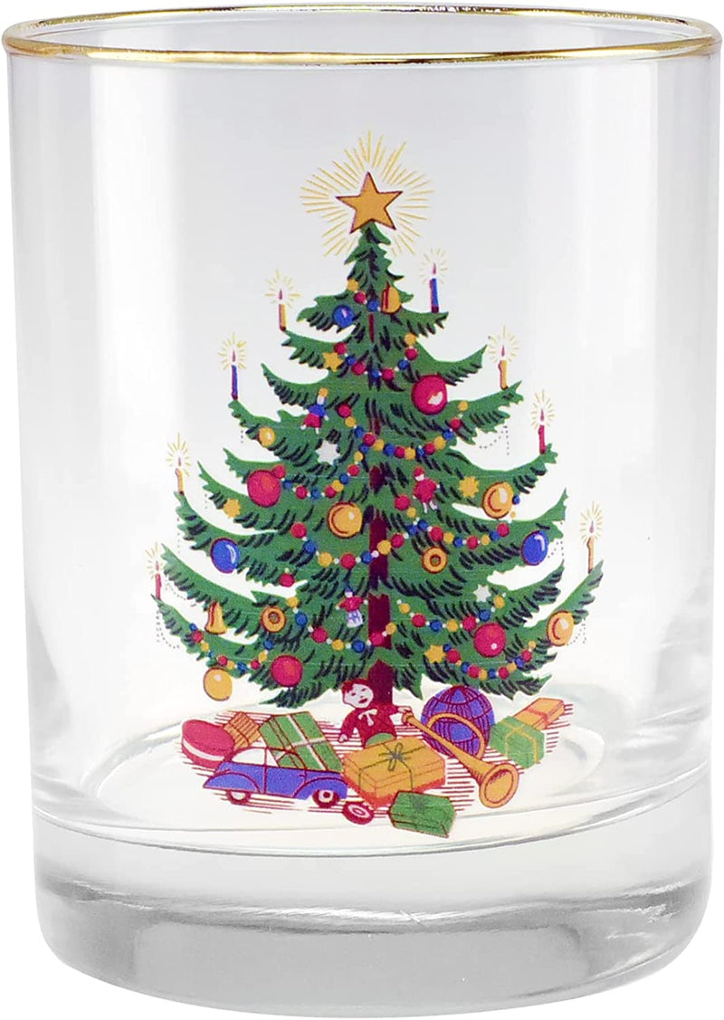 Culver 22K Gold Rim Christmas Tree DOF Double Old-Fashioned Holiday Glass, 13.5-Ounce, Gift Boxed, Set of 2