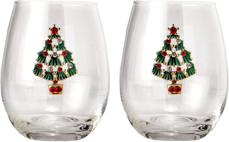Set of 2 Stemless Christmas Tree Wine Glasses - Christmas Cheer for Holiday Gift and Winter Season - 18 Oz Stemless Decorated Tree Ornament Wine Tumblers for Holiday Season and Winter by GUTE - 4.7" H Home & Garden > Kitchen & Dining > Tableware > Drinkware gute Christmas Tree  