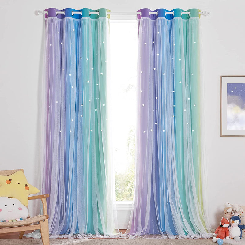 NICETOWN Stars and Moon Hollow-Out Blackout Curtains for Kids Room / Nursery, Grommet Top 2 Layer Window Treatment Curtain Panels for Living Room / Thanksgiving (2-Pack, W52 X L84 Inches, Navy Blue) Home & Garden > Decor > Window Treatments > Curtains & Drapes NICETOWN Rainbow-1 W52 x L84 