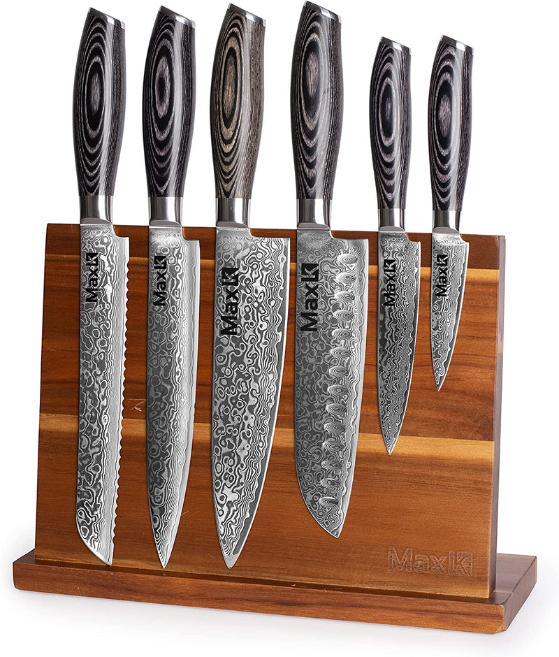 Max K 6 Pcs Knife Set with Pakka Handle & Bonus Knife Stand - Cutting Kitchen Utensil with Razor Sharp Blade and 67 Layers of Forged Steel - Slicing, Dicing, Chopping Meat, Vegetables, Fruit