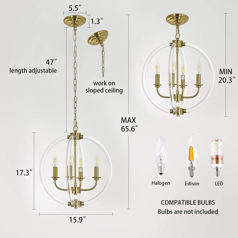 Modern Pendant Light Farmhouse Chandelier, 4 Light with Clear Acrylic Lampshades and Brass Finish, Pendant Lighting for Kitchen Island, Dining Room, Bathroom and Foyer Home & Garden > Lighting > Lighting Fixtures > Chandeliers Reaketon   