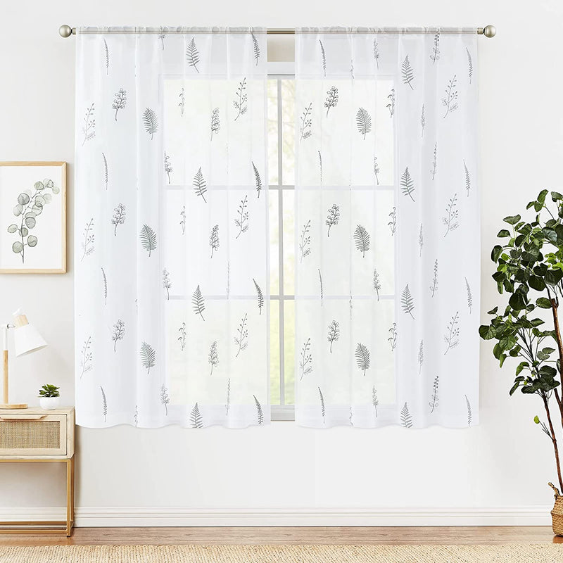JINCHAN Sheer Embroidered Curtains for Living Room 84 Inch Length 2 Panels Leaf Pattern Voile for Bedroom Botanical Design Rod Pocket Top Window Treatments Sheers for Kitchen White on Taupe Home & Garden > Decor > Window Treatments > Curtains & Drapes CKNY HOME FASHION Herb White*sage 63"L 