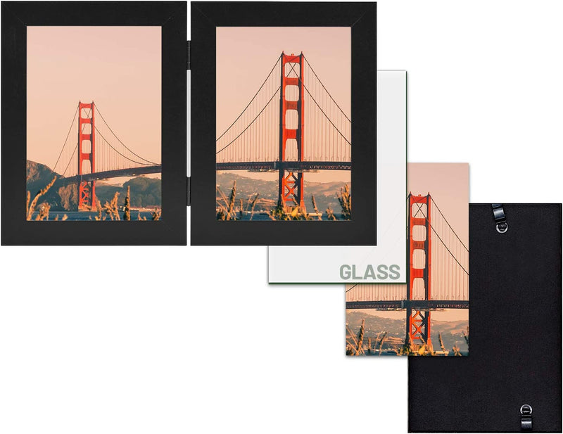Frametory, 5X7 Hinged Picture Frame Displays 2 Photos, Double Frames with Glass, Side by Side Stands Vertically on Tabletop (Black) Home & Garden > Decor > Picture Frames Frametory   