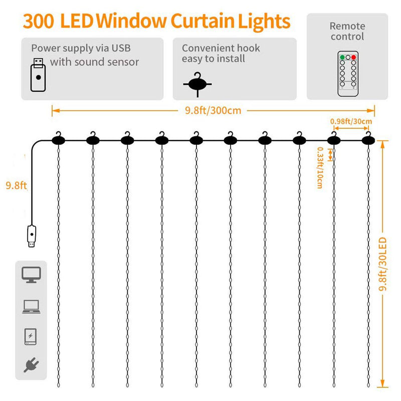 Epidgadget Window Curtain String Lights, 300 LED USB Powered Copper Wire String Light with Remote Control for Wedding Party Home Garden Bedroom Christmas Wall Decorations (Cool White) Home & Garden > Decor > Seasonal & Holiday Decorations EpicGadget   