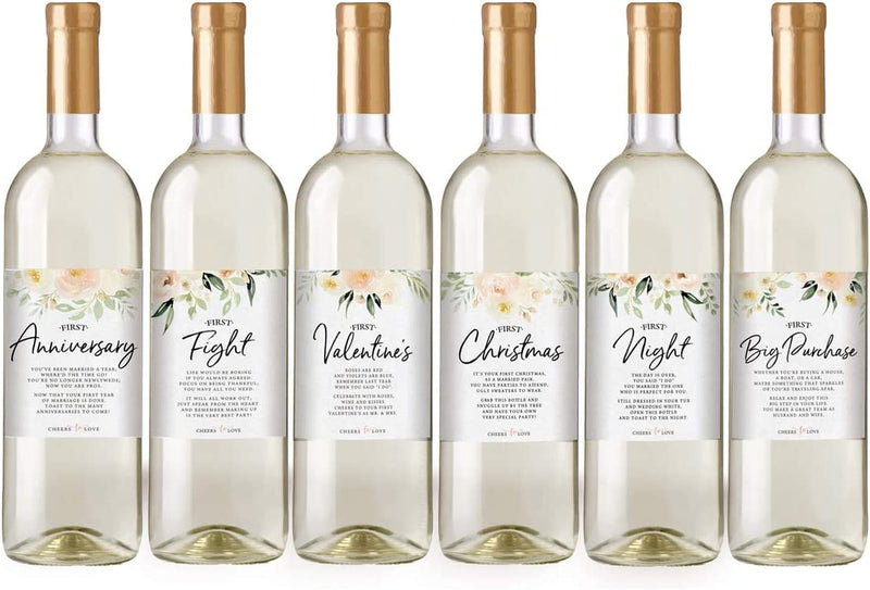 Floral Wedding First Wine Bottle Labels, Set of 6 Waterproof Labels, Wedding Gift, Marriage Milestones, Wedding Firsts Home & Garden > Kitchen & Dining > Barware Printed Party   