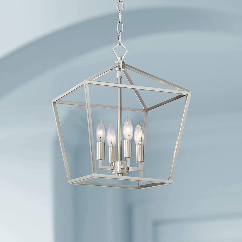 Franklin Iron Works Queluz Brushed Nickel Small Pendant Chandelier 13" Wide Industrial Farmhouse Geometric Cage Frame 4-Light Fixture Dining Room House Bedroom Kitchen Island Hallway High Ceilings Home & Garden > Lighting > Lighting Fixtures > Chandeliers Lamps Plus Silver  