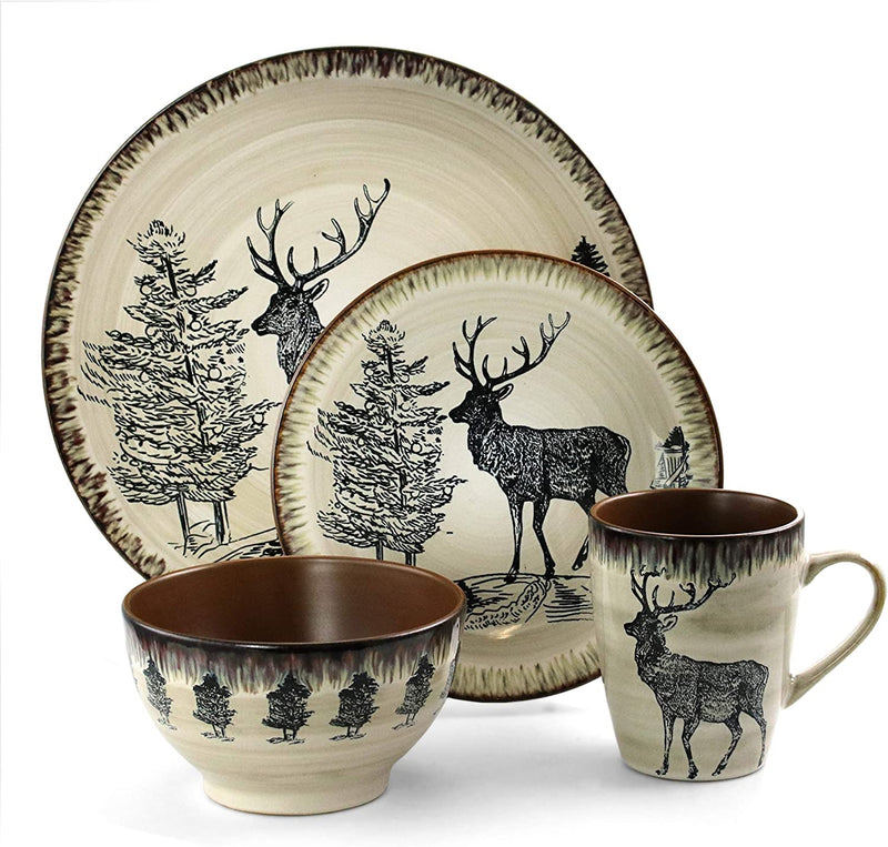 Elama round Stoneware Cabin Dinnerware Dish Set, 16 Piece, Elk Design with Warm Taupe and Brown Accents