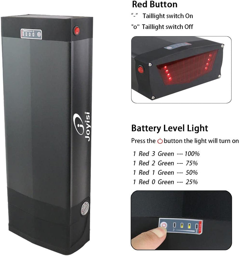 Joyisi Ebike Battery 48V 20AH Lithium Ion Battery with Charger, USB Port and Taillight, Electric Bike Battery for 1000W 750W 500W 250W E-Bike Motor Kit Sporting Goods > Outdoor Recreation > Cycling > Bicycles Joyisi   