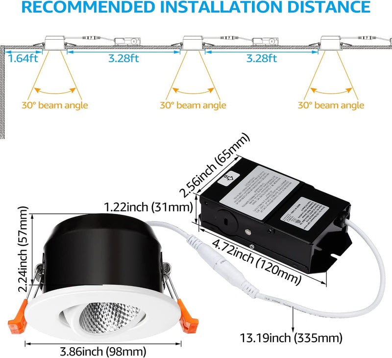 TORCHSTAR 12-Pack 3 Inch Gimbal Recessed Lighting LED with Junction Box, Dimmable Swivel Adjustable Eyeball Downlight, 7W (50W Eqv.), CRI 90+ Canless LED Ceiling Light, 3000K Warm White, White