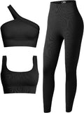 OQQ Women'S 3 Piece Outfits Ribbed Seamless Exercise Scoop Neck Sports Bra One Shoulder Tops High Waist Leggings Active Set Sporting Goods > Outdoor Recreation > Winter Sports & Activities OQQ Black Medium 