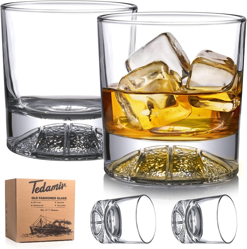 Set of 4 Whiskey Glass with Gift Box, 10 Oz Classic Rocks Barware Old Fashioned Glasses for Scotch Cocktail Whisky Rum Cognac Vodka Liquor Home & Garden > Kitchen & Dining > Barware Tedamir Carved Basketball Pattern  