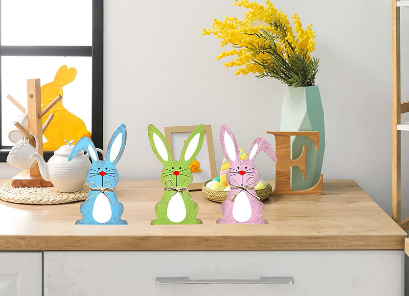 3 Pieces Easter Bunny Wooden Signs Easter Decorations Pink Blue Green Easter Farmhouse Rabbit Shaped Wooden Tabletop Centerpieces with Rope Freestanding Tabletop Decor for Spring Easter Home Office Gift Home & Garden > Decor > Seasonal & Holiday Decorations cynosa   
