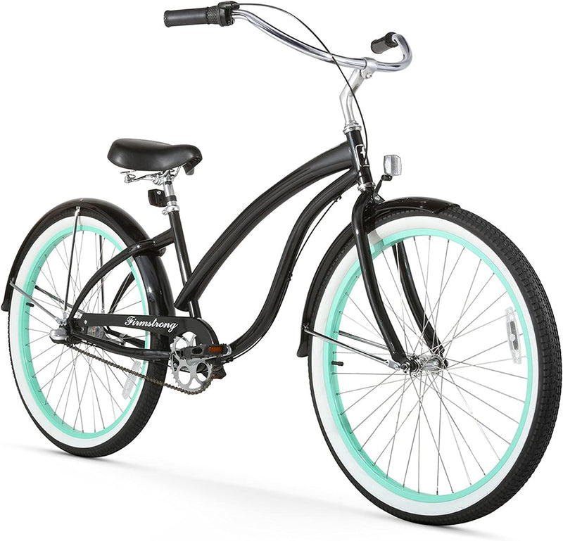 Firmstrong Bella Classic Single Speed Beach Cruiser Bicycle Sporting Goods > Outdoor Recreation > Cycling > Bicycles Firmstrong Gloss Black/Green Rims 26" / 3-Speed 