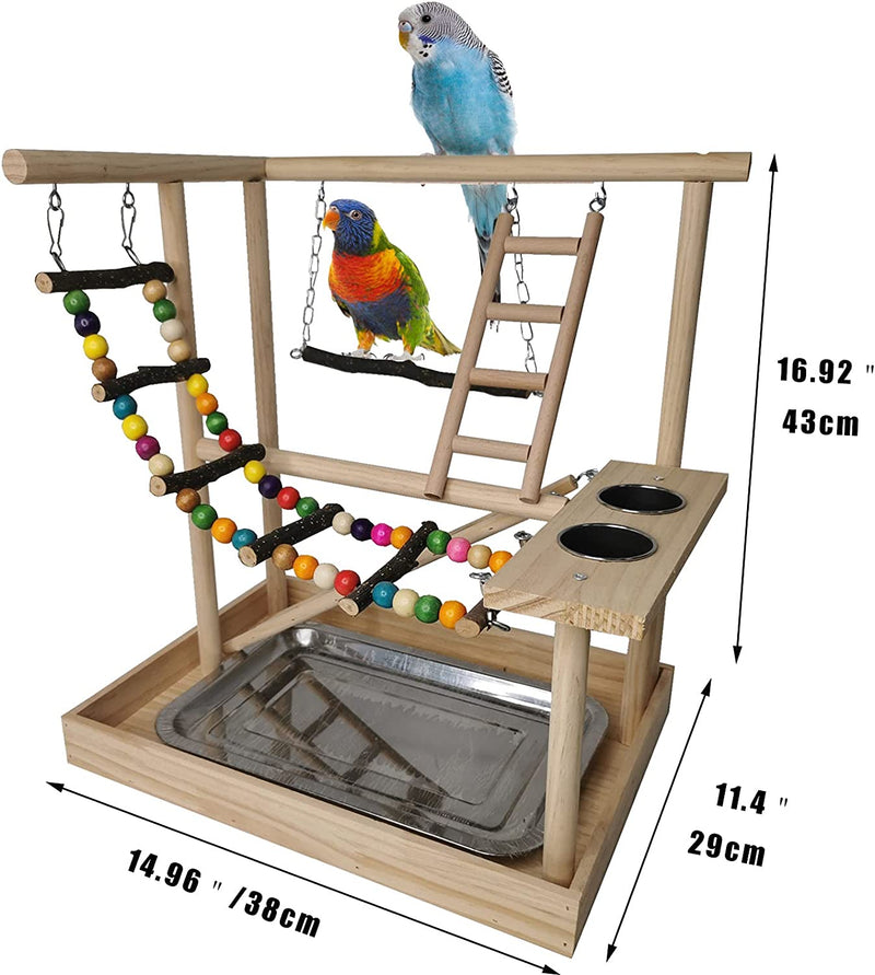 Hamiledyi Parrots Playground, Bird Play Gym Wood Perch Stand Colours Climb Ladders Swing Chewing Toys with Parakeet Feeding Cups Exercise Activity Center for Conure Cockatiel Lovebirds(Include a Tray) Animals & Pet Supplies > Pet Supplies > Bird Supplies Hamiledyi   