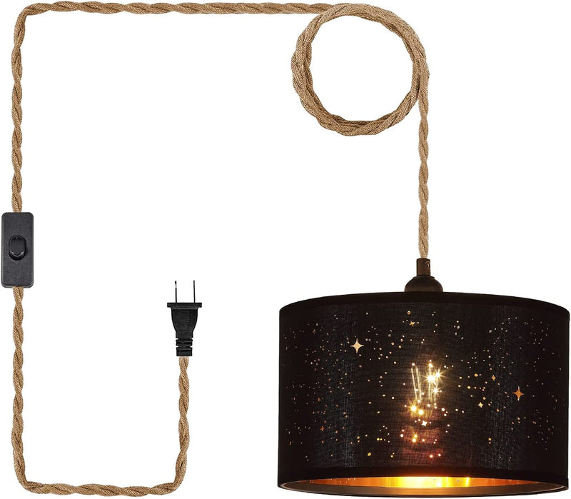 AMZASA Plug in Pendant Light,Hanging Lamp with 14.8 FT Hemp Rope Cord,On/Off Switch White Drum Fabric Sparkling Star Effect Lampshape Light Fixture for Bedroom Living Room Dining Table Home & Garden > Lighting > Lighting Fixtures AMZASA Black Fabric Plug in Pendant Light  
