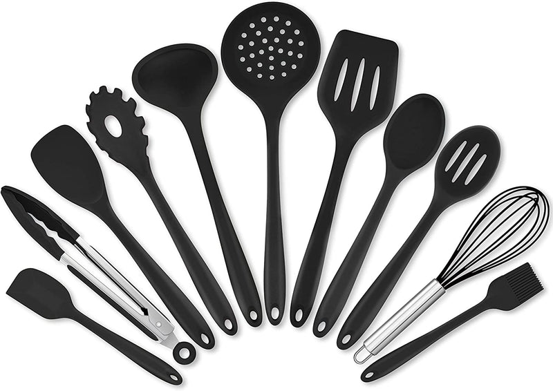 Homikit 5-Piece Kitchen Cooking Utensils Set, Black Silicone Slotted Turner Spatula Spoons for Nonstick Cookware, Dishwasher Safe Kitchen Tools for Cooking and Baking