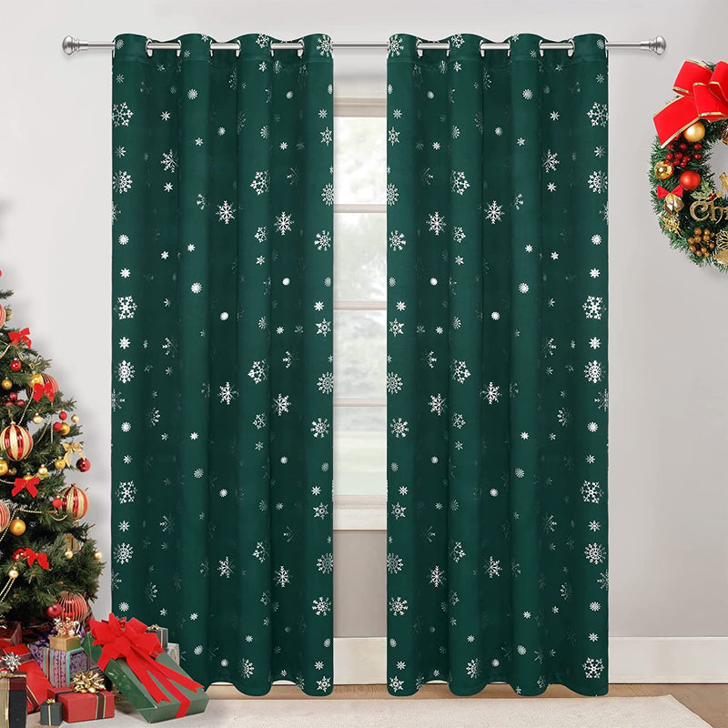FRAMICS Snowflake Foil Print Christmas Curtains, Thermal Insulated Blackout Curtains for Living Room and Bedroom, Christmas Grommet Window Curtains Drapes, 52" X 84", Green, Set of 2 Panels Home & Garden > Decor > Window Treatments > Curtains & Drapes FRAMICS Green(silver Foil Print) 52"W x 84"L 
