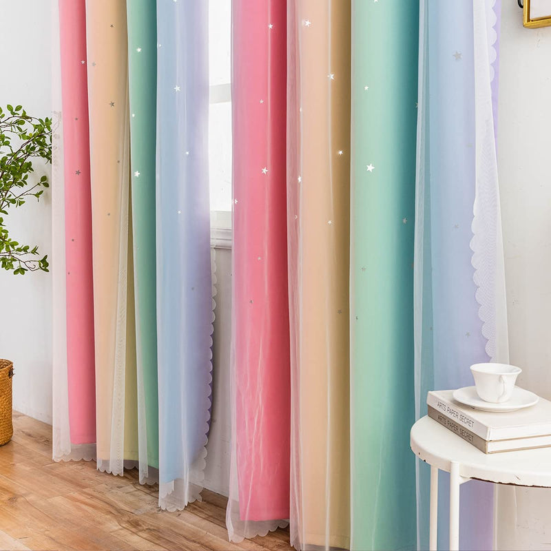 Reepow Rainbow Kids Blackout Curtains for Boys Girls Bedroom Playroom, Tulle Overlay Star Cut Out Curtains with Stainless Steel Gromment Top - 52" X 63" X 2 Panels Sporting Goods > Outdoor Recreation > Fishing > Fishing Rods Reepow   