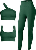 OQQ Women'S 3 Piece Outfits Ribbed Seamless Exercise Scoop Neck Sports Bra One Shoulder Tops High Waist Leggings Active Set Sporting Goods > Outdoor Recreation > Winter Sports & Activities OQQ Blackishgreen Medium 