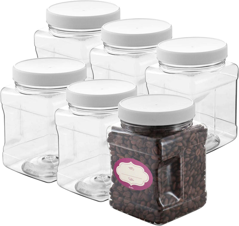 Dilabee Clear Plastic Storage Jars with Lids - 6 Pack - Square Plastic Containers with Airtight Lids - Canisters with Pinch Grip Handles - Bpa-Free - 48 Oz