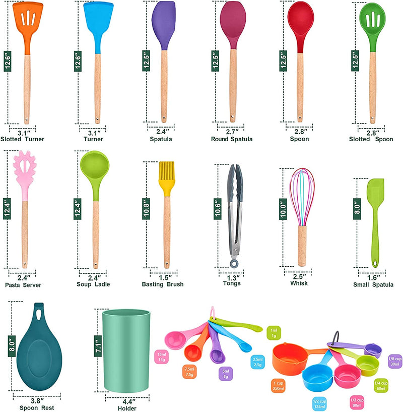 Teamfar 24PCS Cooking Utensil Set with Holder, Silicone Kitchen Cookware Tools with Wooden Handle, Spatula Spoon Turner, Non-Toxic & Non-Stick, Heat-Resistant & Dishwasher Safe, Colorful Home & Garden > Kitchen & Dining > Kitchen Tools & Utensils TeamFar   