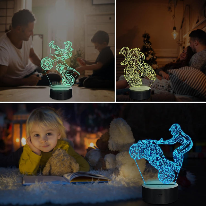 Ammonite Dirt Bike Gifts, 3D Illusion Motocross Night Light for Kids (3 Patterns) with Remote Control & 16 Colors Changing & Dimmable Function, Creative Gift Idea
