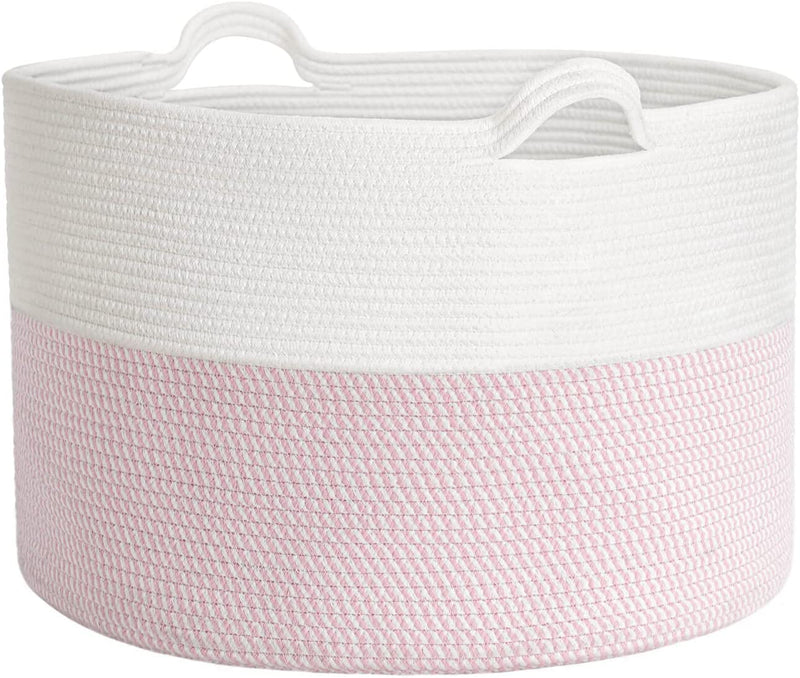 INDRESSME Xxxlarge Cotton Rope Basket 21.7" X 21.7" X 13.8" Woven Baby Laundry Blanket Basket Toy Basket with Handle Storage Comforter Cushions Thread Laundry Hamper Home & Garden > Household Supplies > Storage & Organization INDRESSME White & Pink  
