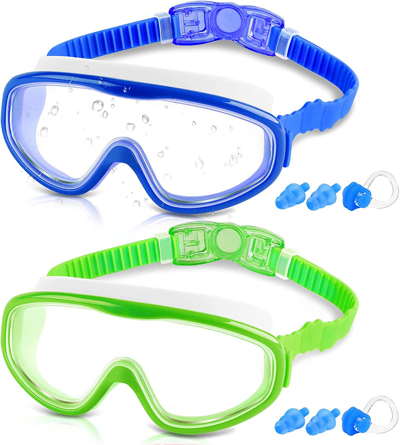 COOLOO Kids Swim Goggles for Age 3-15, 2 Pack Kids Goggles for Swimming with Nose Cover, No Leaking, Anti-Fog, Waterproof Sporting Goods > Outdoor Recreation > Boating & Water Sports > Swimming > Swim Goggles & Masks COOLOO D. Wv-blue+green  