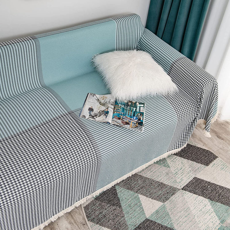 ROOMLIFE Classic Houndstooth Blue Sofa Slipcover Woven Texture Fabric Sofa Cover Knitted Furniture Protector Multi-Function Decor Couch Cover Blanket for Dogs Pets Kids, 71"X134" (3-4 Seater Couch) Home & Garden > Decor > Chair & Sofa Cushions ROOMLIFE   