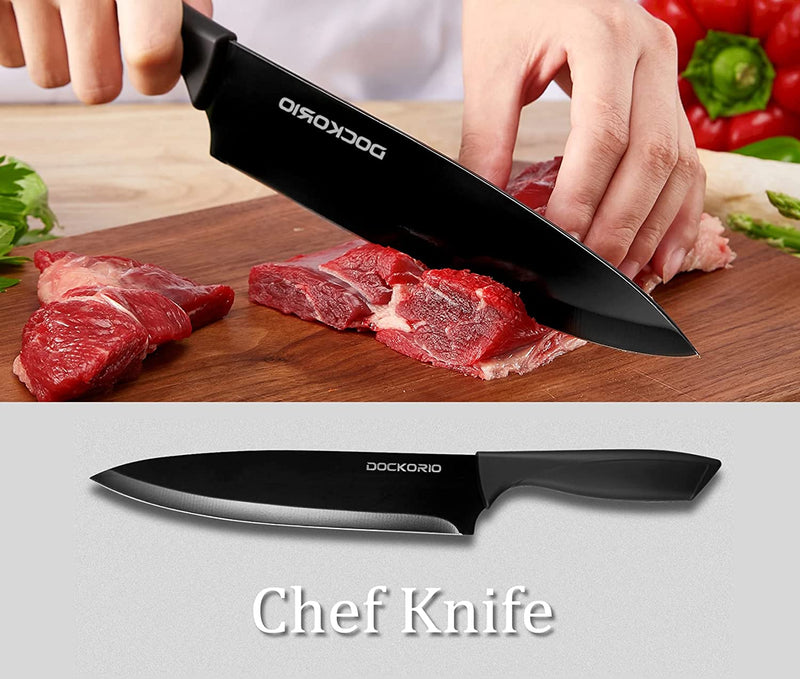 Dockorio Kitchen Knife Set with Block, 19 PCS High Carbon Stainless Steel Sharp Kitchen Knife Set Includes Serrated Steak Knives Set, Chef Knives, Bread Knife, Scissor, Sharpener, All in One Knife Set