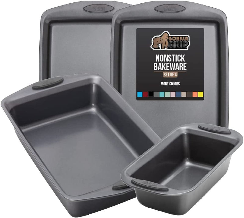 Gorilla Grip Nonstick, Heavy Duty, Carbon Steel Bakeware Sets, 4 Piece Kitchen Baking Set, Rust Resistant, Silicone Handles, 2 Large Cookie Sheets, 1 Roasting Pan and 1 Bread Loaf Pan, Turquoise Home & Garden > Kitchen & Dining > Cookware & Bakeware Hills Point Industries, LLC Gray Bakeware Sets Set of 4