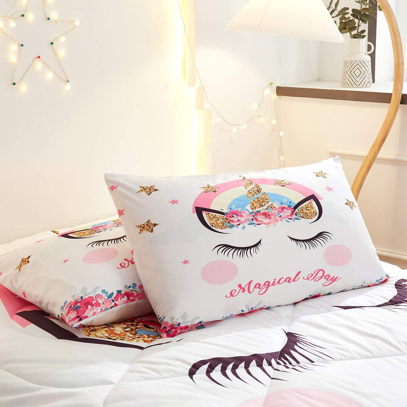 Namoxpa Cute Flower Unicorn Kids Bedding White Pink Golden Ears Unicorn 3 Pieces Bedding Comforter Sets Gifts for Teens and Girls,Twin Size Home & Garden > Linens & Bedding > Bedding Namoxpa   