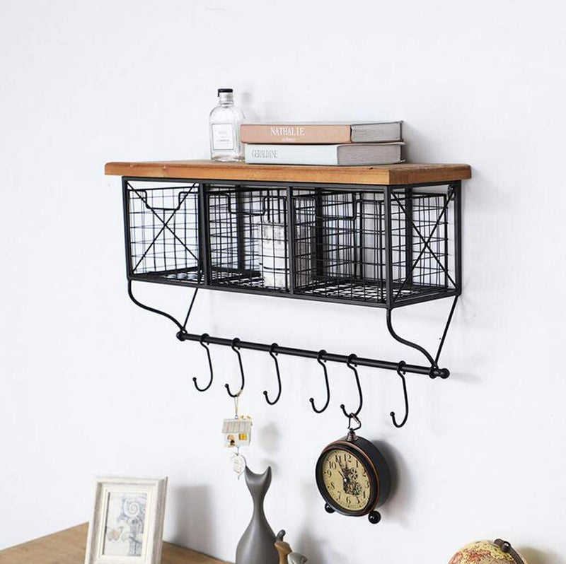 Industrial Wall Mounted Metal Wood Shelf with Baskets Hooks Hanging Storage Rack Display Shelf Sundries Holder for Coffee Bar Kitchen Office Bathroom Organization and Home Decor, Black