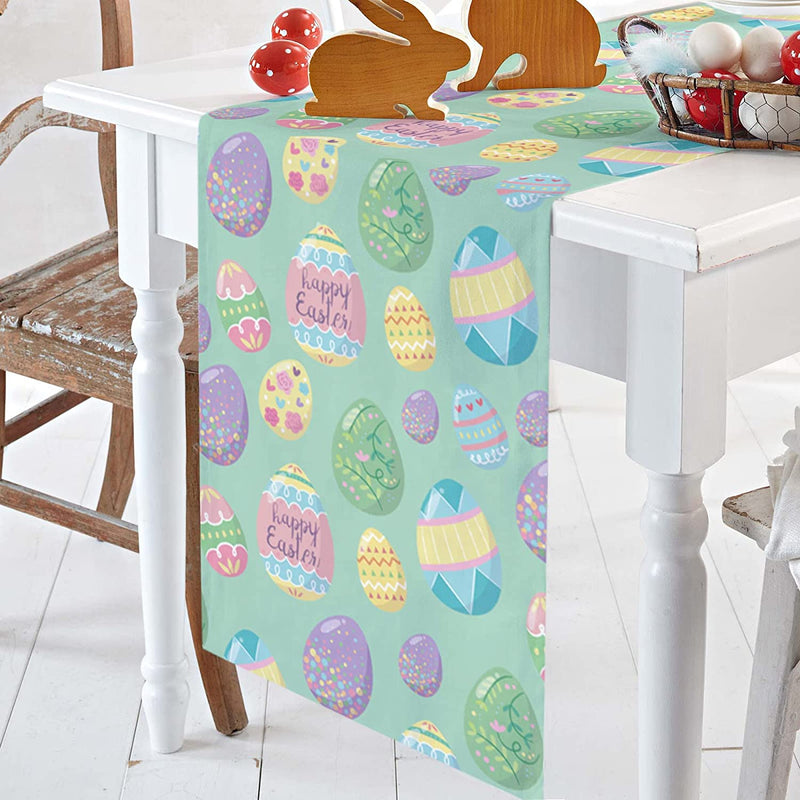 Savannan Easter Table Runner, Happy Easter Egg Colorful Eggs Spring Holiday Decoration Green Cotton Linen Dresser Scarves for Kitchen Daily Use Family Dinners Party Gathering Home Decor 13"X70" Home & Garden > Decor > Seasonal & Holiday Decorations Savannan   