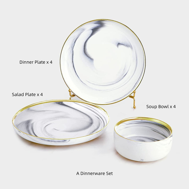 Pokini Plates and Bowls Sets for 4, Gold Dinnerware Sets, 12 Piece Marble Porcelain round Stoneware Dinner Dish Sets Home & Garden > Kitchen & Dining > Tableware > Dinnerware Pokini   