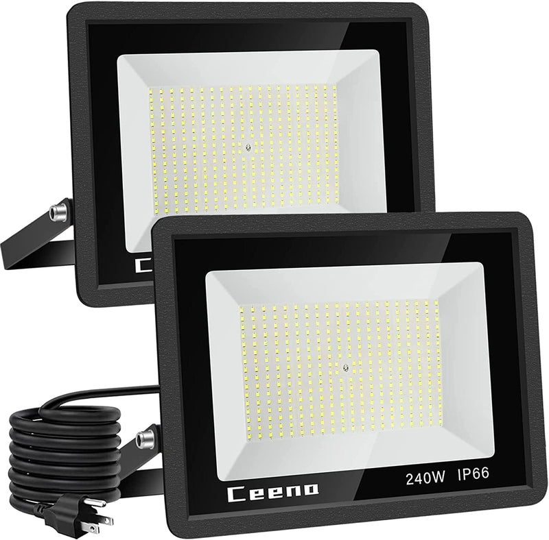 Ceena 2 Pack 60W Plug in LED Flood Light Outdoor and Indoor, 6000Lm Super Bright Floodlight with Switch and 68" Wire, IP66 Waterproof 6000K LED Work Light for Garage, Backyard, Shop, Stadium Home & Garden > Lighting > Flood & Spot Lights Ceena 240W Black  