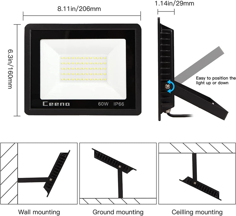 Ceena 2 Pack 60W Plug in LED Flood Light Outdoor and Indoor, 6000Lm Super Bright Floodlight with Switch and 68" Wire, IP66 Waterproof 6000K LED Work Light for Garage, Backyard, Shop, Stadium Home & Garden > Lighting > Flood & Spot Lights Ceena   
