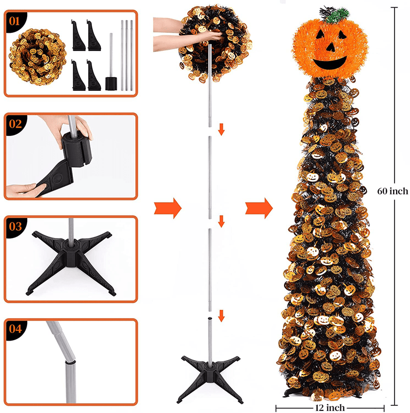 Ceephouge 5ft Collapsible Halloween Christmas Tree, Pop Up Tinsel Pencil Xmas Tree with Pumpkin Sequins for Holiday Decorations Indoor Outdoor, Easy Setup Artificial Christmas Tree (Black-Pumpkin) Home & Garden > Decor > Seasonal & Holiday Decorations > Christmas Tree Stands Ceephouge   