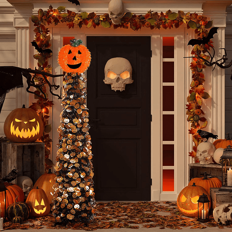 Ceephouge 5ft Collapsible Halloween Christmas Tree, Pop Up Tinsel Pencil Xmas Tree with Pumpkin Sequins for Holiday Decorations Indoor Outdoor, Easy Setup Artificial Christmas Tree (Black-Pumpkin) Home & Garden > Decor > Seasonal & Holiday Decorations > Christmas Tree Stands Ceephouge   