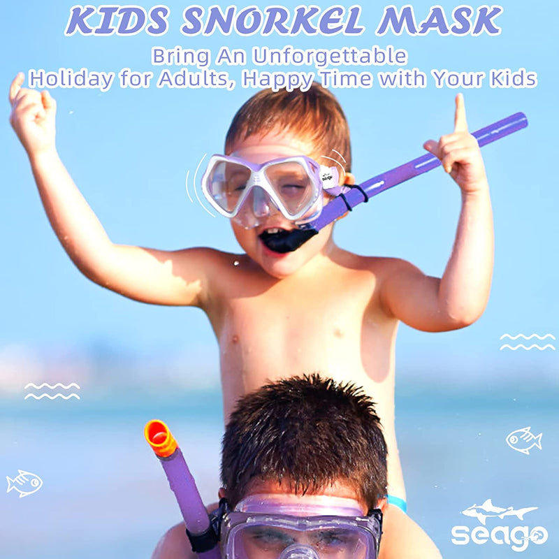 Seago Kids Swim Goggles with Nose Cover Snorkel Mask Scuba Diving Swim Mask Anti-Fog Tempered Glass, Panoramic Clear View Silicone Seal Snorkeling Gear Swimming Goggles for Kids 6-14 Boys Girls Youth