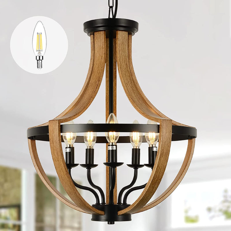 LAMSU 17.7" Farmhouse Chandelier Light Fixtures Included LED Bulbs, 5-Light Modern Chandeliers for Dining Room Kitchen Island Living Bedrooms Foyer Hallway, Height Adjustable Lamp, Faux Wood Finish Home & Garden > Lighting > Lighting Fixtures > Chandeliers LAMSU Come With 5 LED Bulbs  